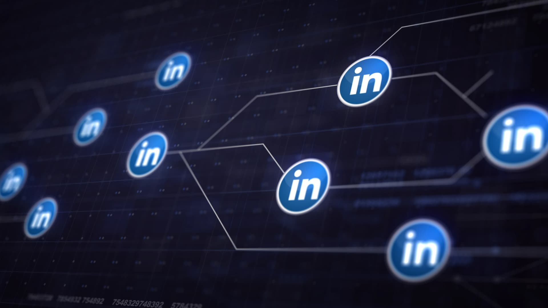 Ícones do LinkedIn conectados por linhas em fundo escuro, ilustrando as mudanças no feed da rede social