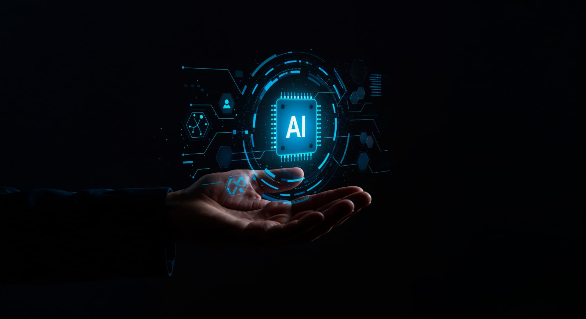 Ilustração de uma mão segurando um chip de inteligência artificial cercado por elementos tecnológicos