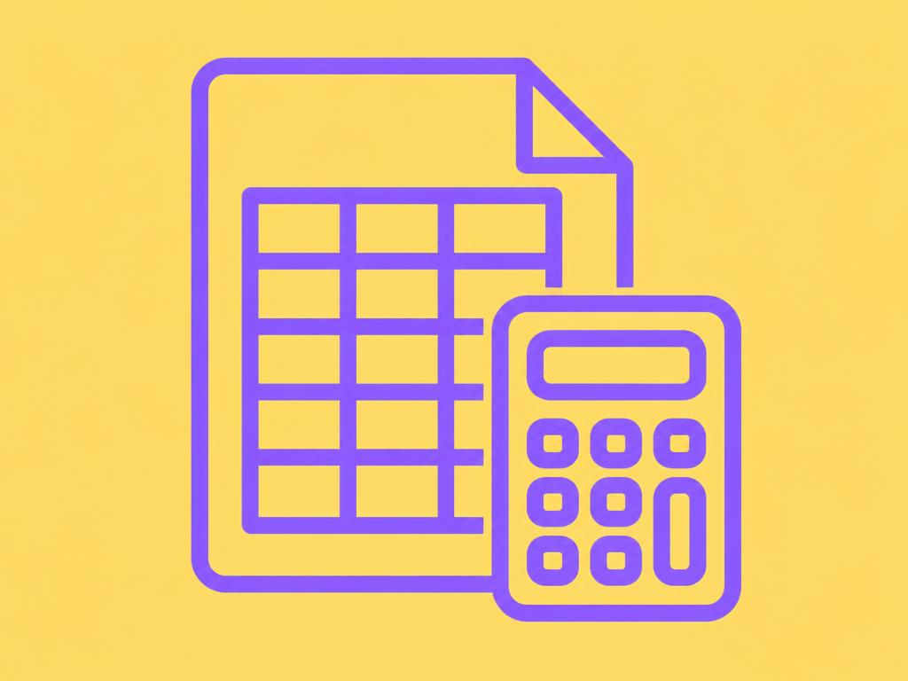 Ilustração de planilha e calculadora em roxo sobre fundo amarelo, representando a calculadora de produtização do AgencyFlow