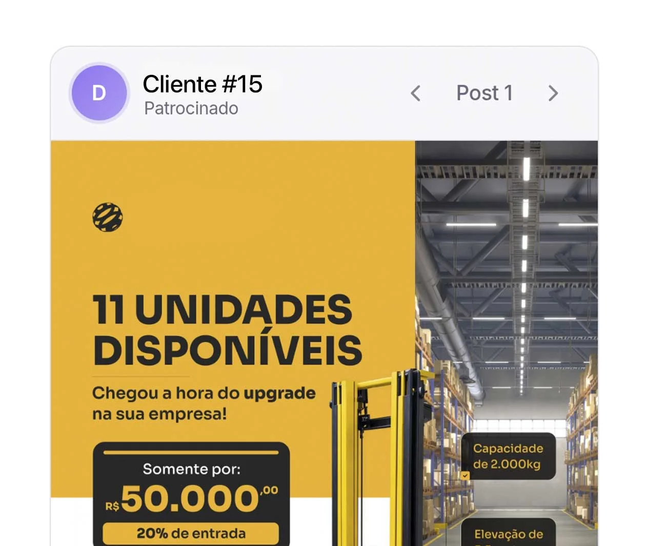 Prévia de post patrocinado do cliente simulando a rede social, pronto para aprovação