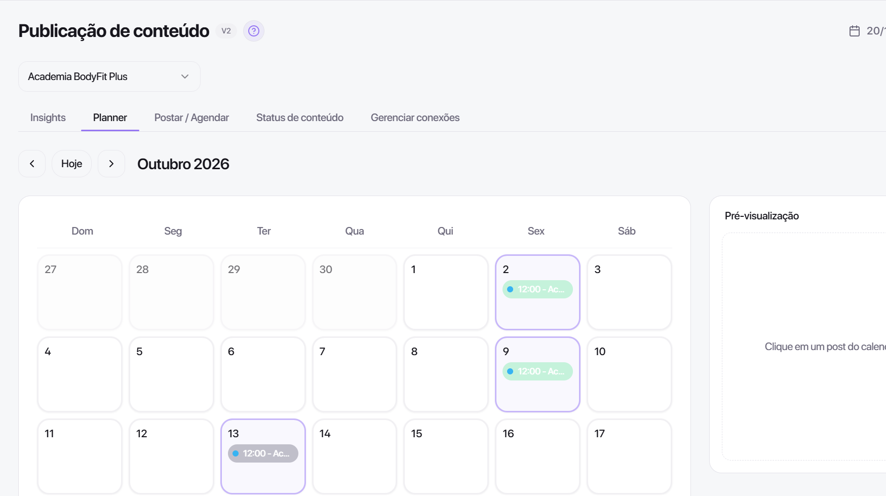 Planner de publicação de conteúdo do AgencyFlow com calendário editorial, posts agendados e pré-visualização