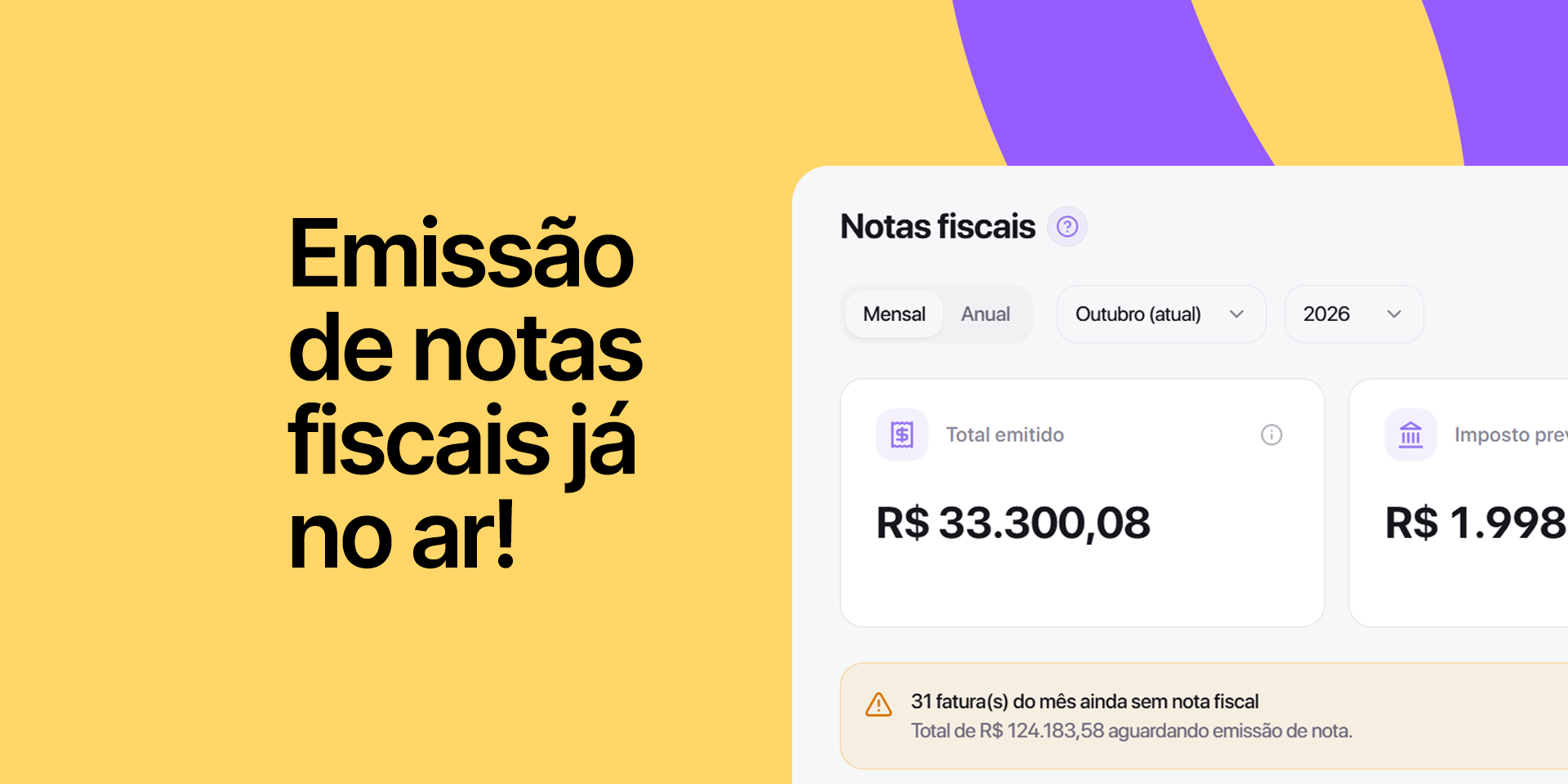 Painel de notas fiscais do AgencyFlow com total emitido, imposto previsto e faturas aguardando emissão de NFS-e