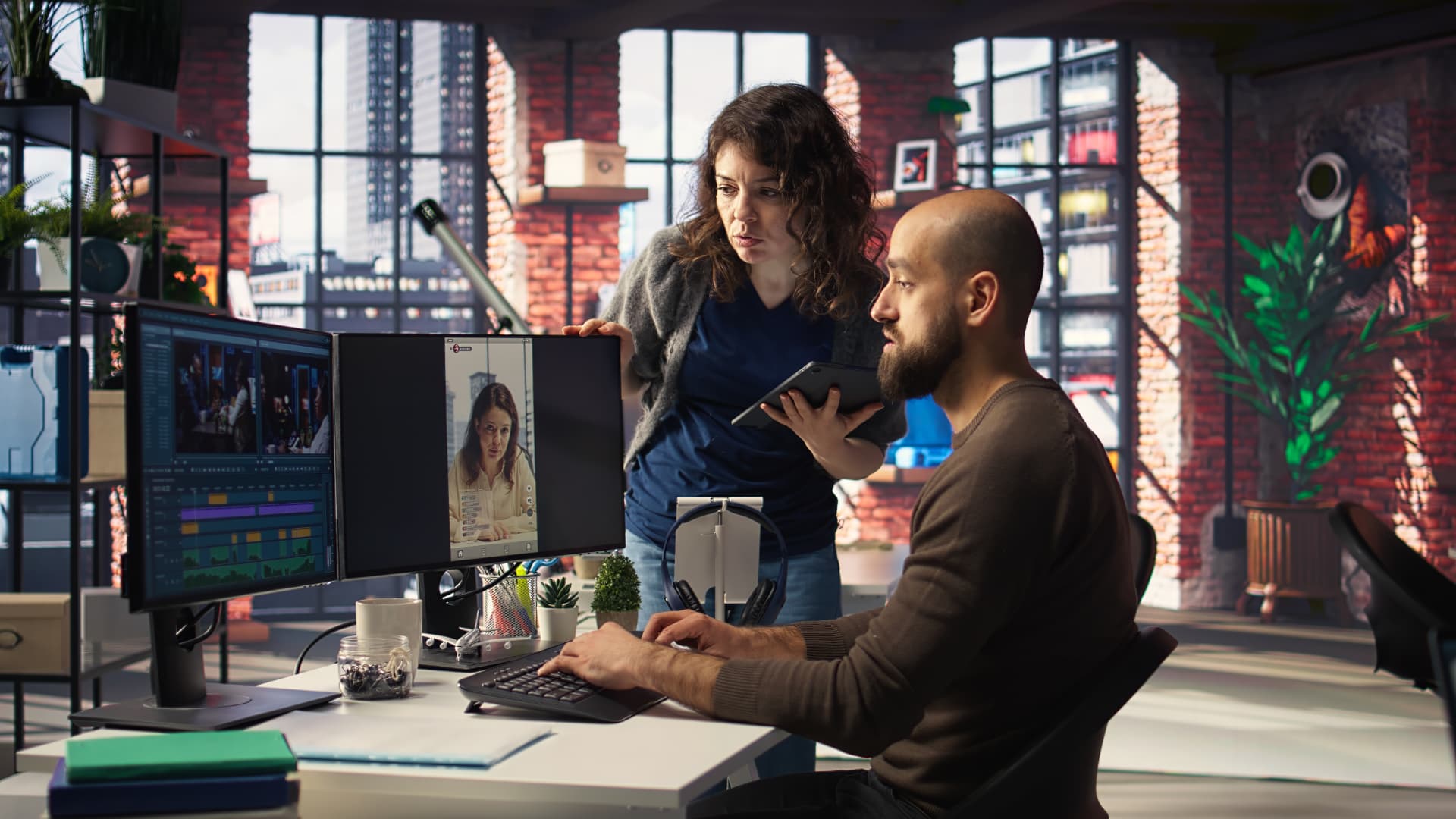 Dupla de profissionais de marketing analisando dados em monitores dentro de um escritório moderno