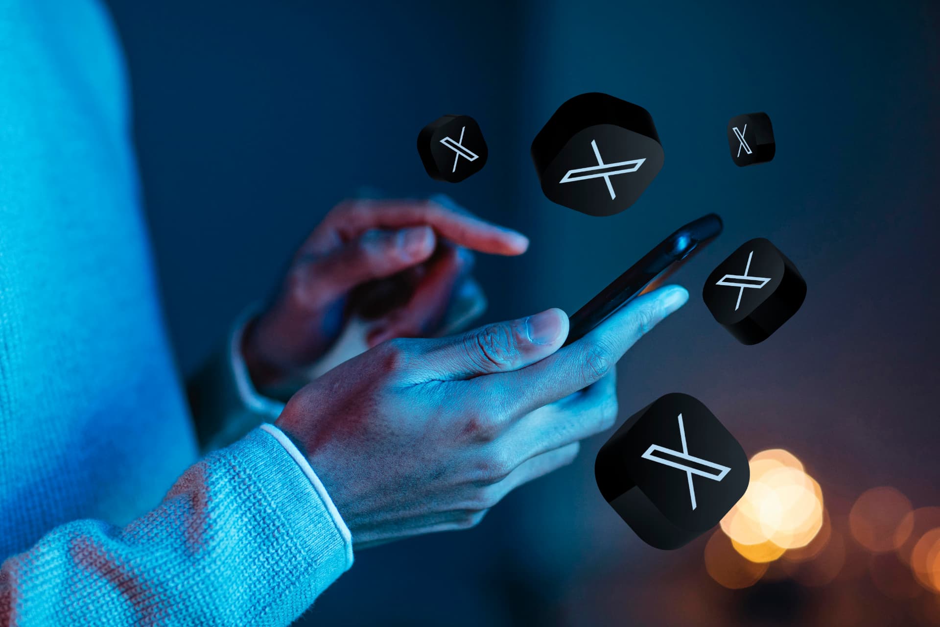 Pessoa usando um smartphone cercada por ícones do X, ilustrando os novos vídeos compráveis da plataforma