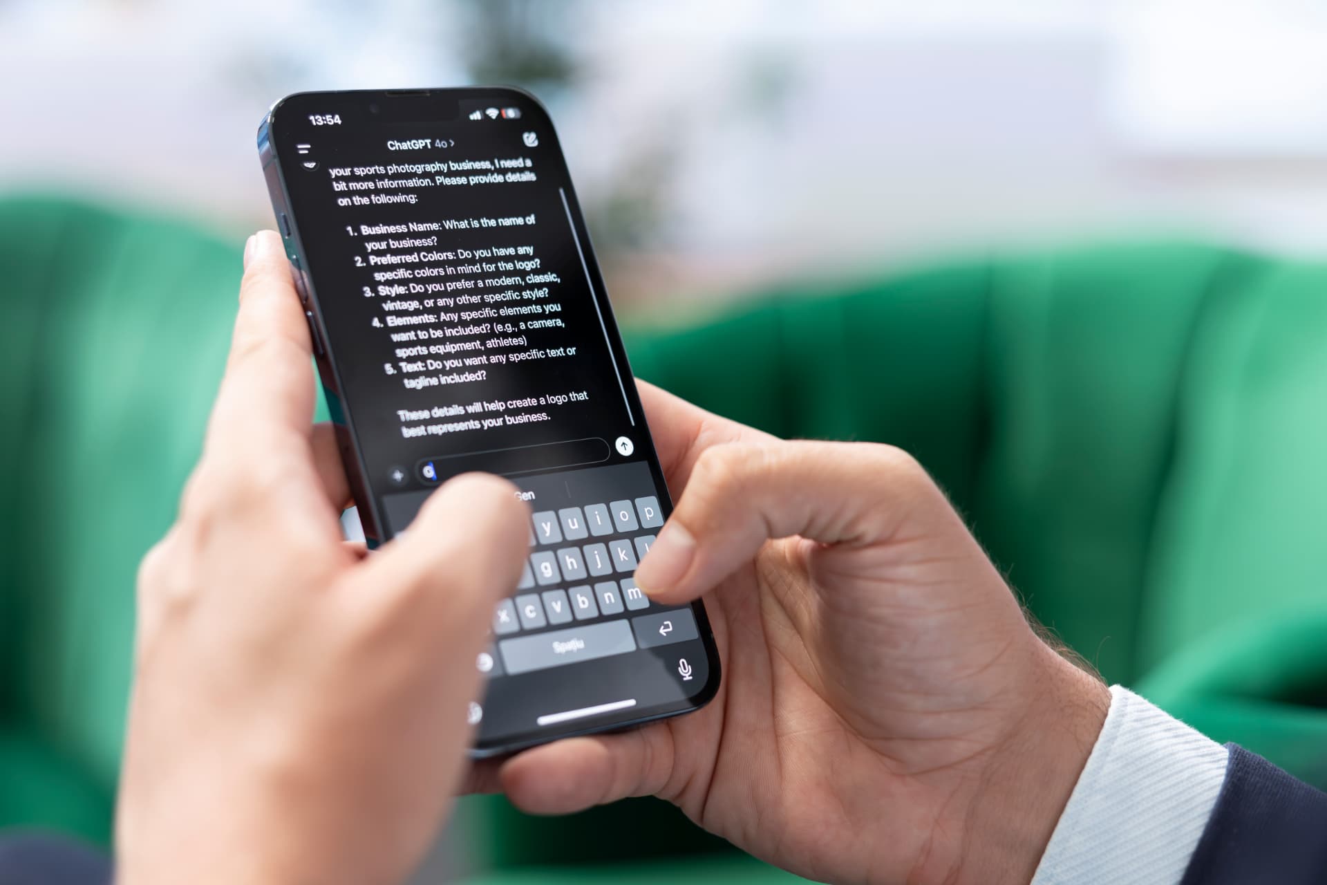 Mãos usando um celular com uma conversa no ChatGPT aberta, ilustrando os anúncios dentro da inteligência artificial